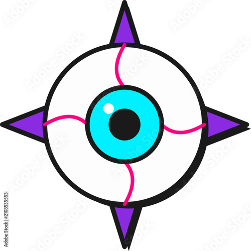 Tableau sur toile Stylized creepy bloodshot eyeball with blue iris and purple spikes for Halloween