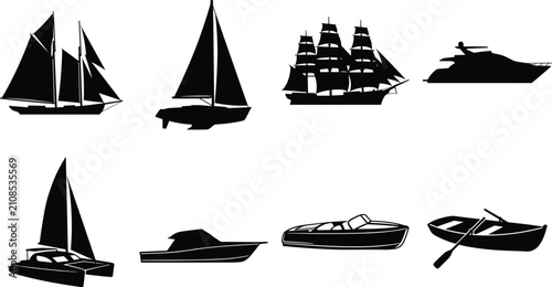 Cuadro en lienzo Ships and boats black silhouettes set featuring sailboat tall ship motor yacht c