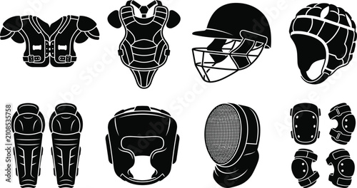 Photos Sports protective equipment black silhouettes set featuring football shoulder pa