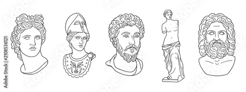 Konstfotografi Ancient Greek Roman sculpture busts and statues in linear style for historical d