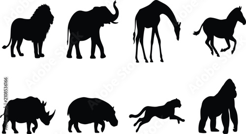 Bild auf Leinwand Collection of iconic wild animal silhouettes including lion, elephant, giraffe,