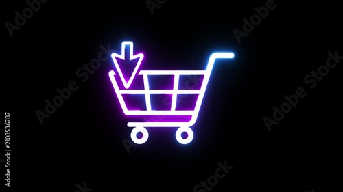 Neon shopping cart icon with glowing arrow sign pulsing against dark black background loop.
