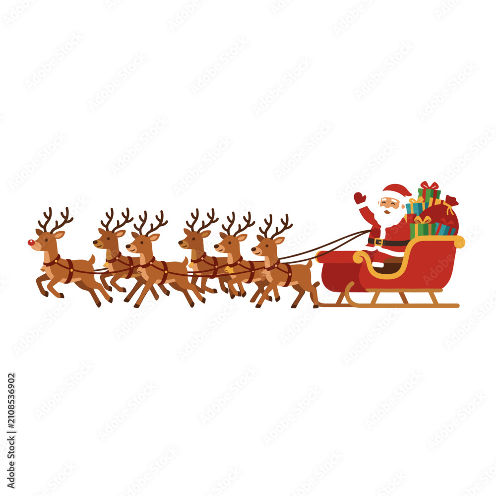 Fototapeta premium Santa Claus Riding Reindeer Sleigh with Christmas Gifts