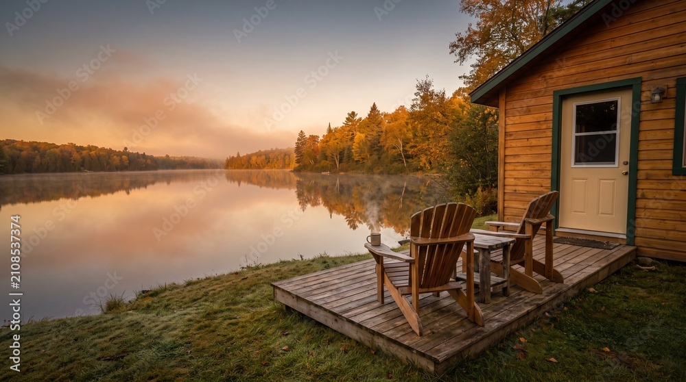Fototapeta premium Wooden chairs facing foggy autumn lake view from rustic cabin deck during calm morning sunrise with misty lake surrounded vibrant autumn trees sunrise