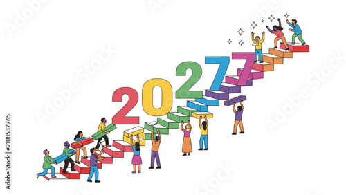 Bild auf Leinwand Building the Future Together: Diverse hands work in unison to construct a vibrant staircase adorned with the numerals '2027', symbolizing collective progress and ambitious future planning