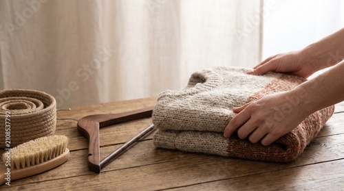 Person carefully folding knitted wool sweater on rustic wooden table during soft daylight hours with clothes hanger garment folding cozy textured