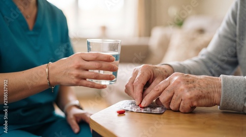 Young woman nurse giving a glass of water to an elderly woman taking medicine pill at home.