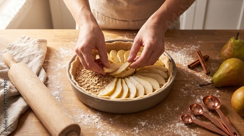 Person carefully arranging fresh thin pear slices into a round baking dish for homemade dessert with displays person layering wooden table kitchen