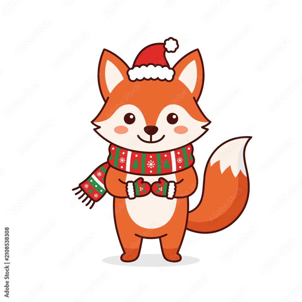 Fototapeta premium Cute Christmas Fox Wearing Santa Hat and Scarf Vector Illustration