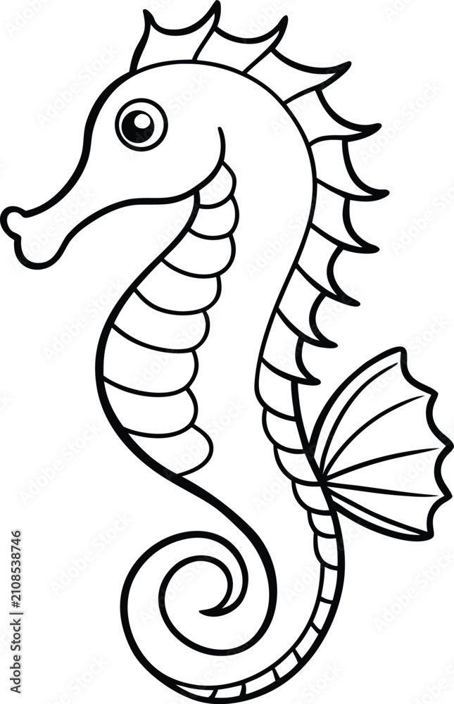 Fototapeta premium Cartoon Seahorse Outline On White Background Keywords: seahorse, cartoon, outline, drawing