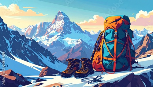 Adventurous hiker trekking through snowy mountain peaks at sunrise.