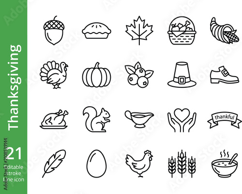 Set of thanksgiving holiday line icons featuring traditional symbols like turkey pumpkin cornucopia and autumn harvest elements