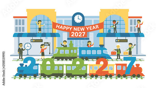Fotografía New Year Celebration at Train Station: Colorful trains and a banner proclaiming Happy New Year 2027 set the scene for a festive celebration at a train station