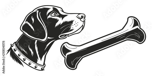 Quadro su tela Black dog skull and bone silhouette on white background, isolated dog bones