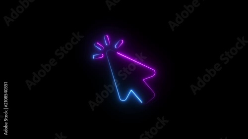Neon cursor icon flickering with vibrant blue and purple light on black digital background.