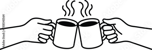 Fotografía Two hands clinking hot coffee mugs together in a cheering toast gesture black li