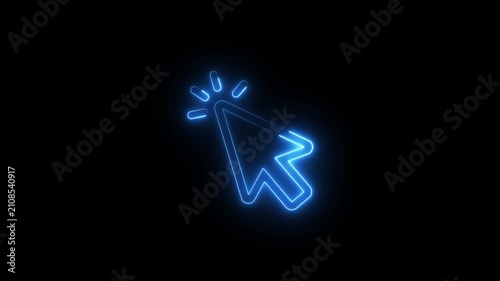 Neon blue arrow cursor pulsing with light effect on black background.