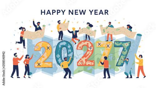 Happy New Year 2027: A diverse group of people collaborate to create a map, symbolizing planning and a fresh start for the upcoming year, all surrounding the numbers 2027 and the text HAPPY NEW YEAR.