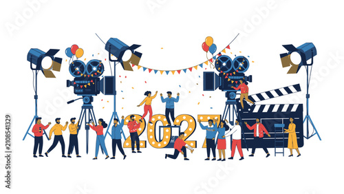 Konstfotografi Filmmaking Celebration with 2023 Marquee: A vibrant illustration depicts a festive scene of filmmakers and actors celebrating the new year, surrounded by vintage movie cameras, spotlights
