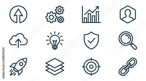 Minimalist black outline business and startup icon set.