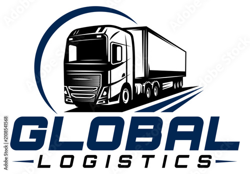 Modern Heavy-Duty Semi-Truck Logistics and Freight Transport Emblem with Stylized Swoosh Arc and Bold Typography for Global Shipping Services.