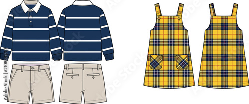 Foto Children Clothing Technical Flat Sketch Vector Set Featuring Striped Rugby Shirt