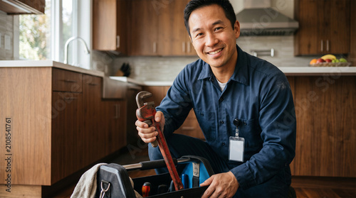 Smiling Asian plumber in blue uniform holding a large wrench in a modern kitchen
