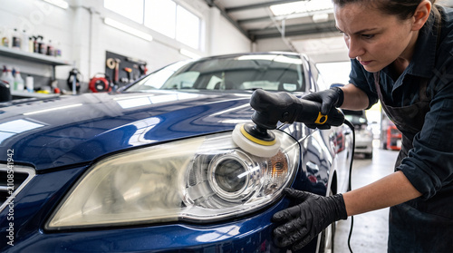 Professional car detailing worker polishing a blue car headlight with a polishing machine in a workshop