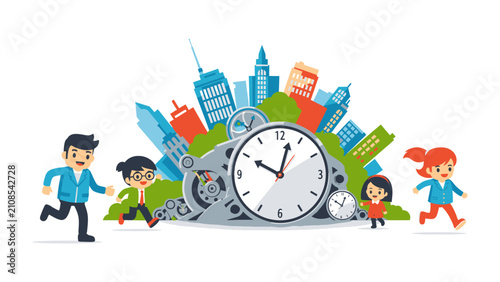 Canvastavla City Rush Hour: A whimsical illustration depicts hurried children and adults dashing past a colossal clock, symbolizing the relentless pace of urban life and the constant race against time