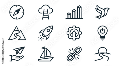 Minimalist adventure and startup black line icons