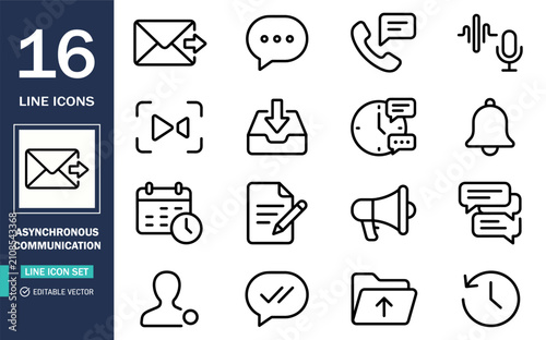 Set of 16 asynchronous communication line icons vector illustration with communication calendar notification feedback