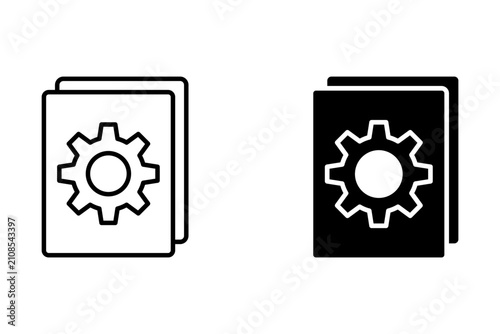 Engineering document settings icon black and white vector line art technical file with gear symbol