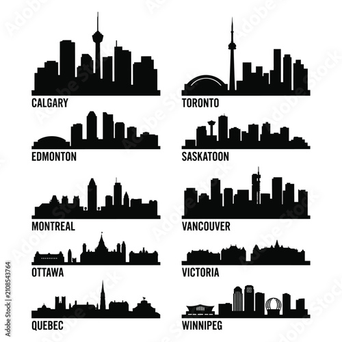 Photography Canadian City Skylines Silhouette Collection Against White Background