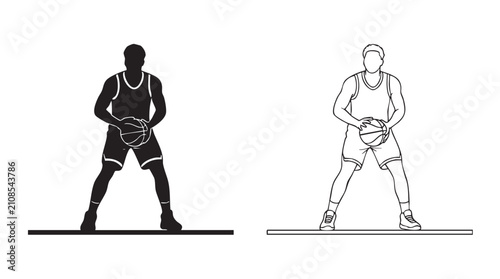 Foto basketball player vector silhouette with line art pair icon dribbling on court b