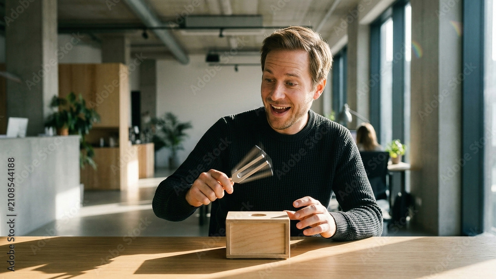 Fototapeta premium Young professional man exploring sound therapy resonance with a silver tuning fork over a wooden box in a modern office space