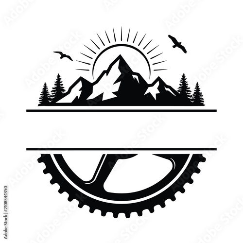 Tableau sur toile Mountain and sun silhouette with bicycle sprocket black on white background
