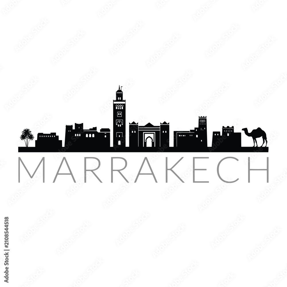 Obraz premium Marrakech Skyline Silhouette With Palm Trees And Camel Black On White