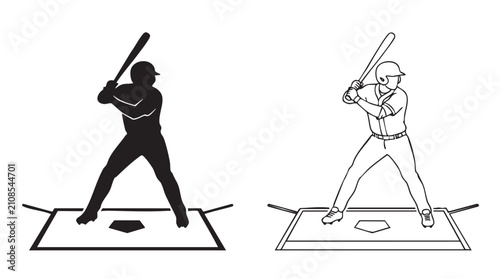 Fotografie batting athlete vector silhouette with line art pair icon, field position concep