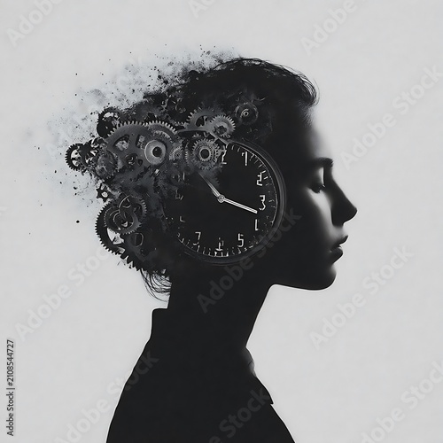 Surreal black and white portrait of a person with clock and gears in head