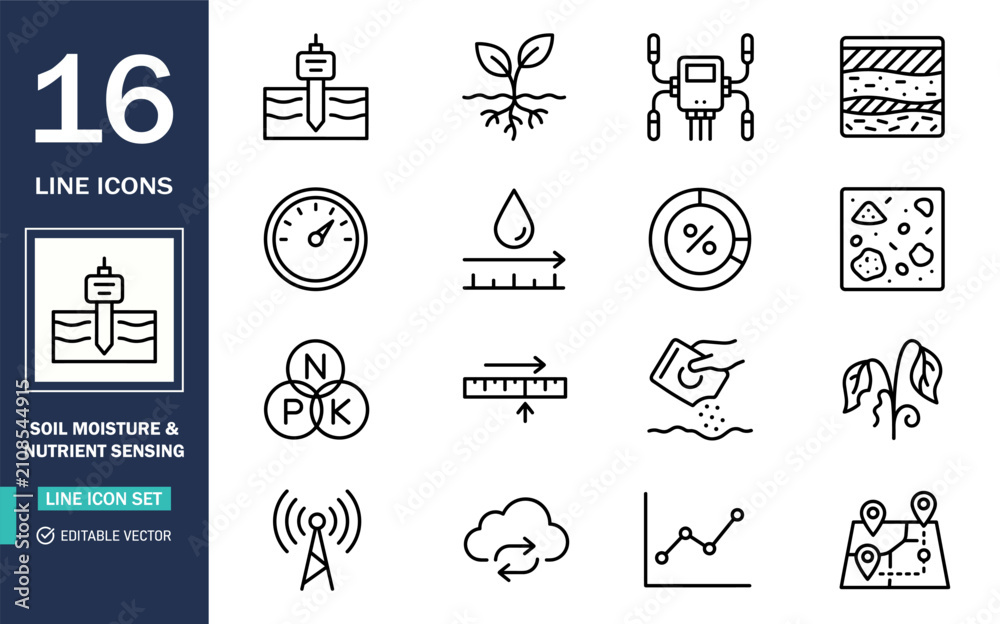 Fototapeta premium Soil moisture and nutrient sensing line icon set for smart agriculture with moisture nutrient agriculture irrigation