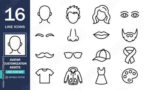 Set of 16 avatar customization assets line icons vector illustration with character customization mustache clothing
