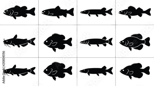 Cuadro en lienzo Freshwater game fish silhouettes set featuring bass trout pike perch catfish blu