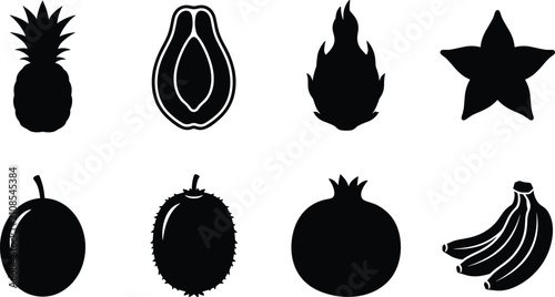 Quadro su tela Tropical and exotic fruits silhouette icons set featuring pineapple avocado drag