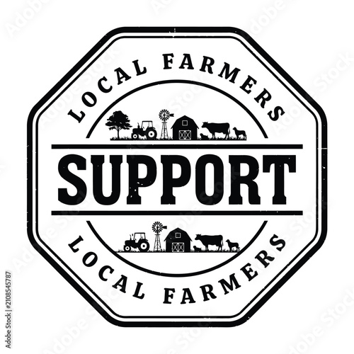 Octagonal Emblem With Farm Scene And Text Black And White Vector