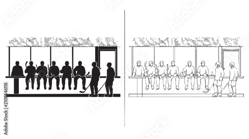 Photography hockey players sitting on bench with vector silhouette and line art pair icon ve