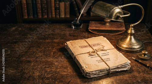 A writer's legacy: A collection of aged manuscripts tied with twine sits on a polished wooden desk, illuminated by the warm glow of an antique lamp, beside a quill and inkpot.