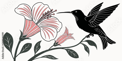 Photos Black hummingbird hovering over pink flower silhouette, isolated nature