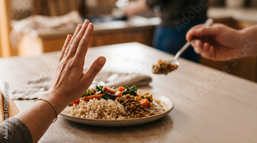 Hand Stopping Plate Portion Control Mindful Eating Concept