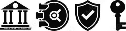 Bank building, secure vault door, protection shield, and metal key icon collection representing financial safety and access and security banking