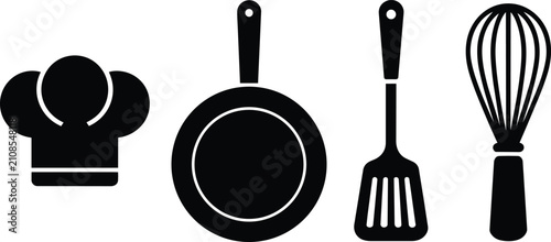 Foto Kitchen tools collection featuring chef hat, frying pan, slotted spatula and wir